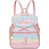 KKXIU Initial Bowknot Mini Backpacks for Girls Women, Small Cute Backpack Purse, Personalized Birthday Gifts for Toddler, Kids and Teen Girls(J, Rainbow)