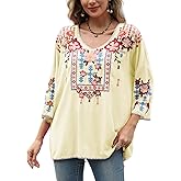 Grosy Boho Embroidered Mexican Tops for Women Bohemian Clothes, Plus Size Peasant Blouse Hippie Shirt 3/4 Sleeve Tunic