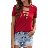 OYOANGLE Women's Cutout Deep V Neck Choker Tee Short Sleeve Summer Tunic Tops Shirts