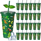 Uiifan 24 Pcs Party Cups with Lid and Straw 24oz Birthday Decorations Tail Shell Starfish Reusable Cup for Birthday Ocean Party Supplies (Dinosaur)