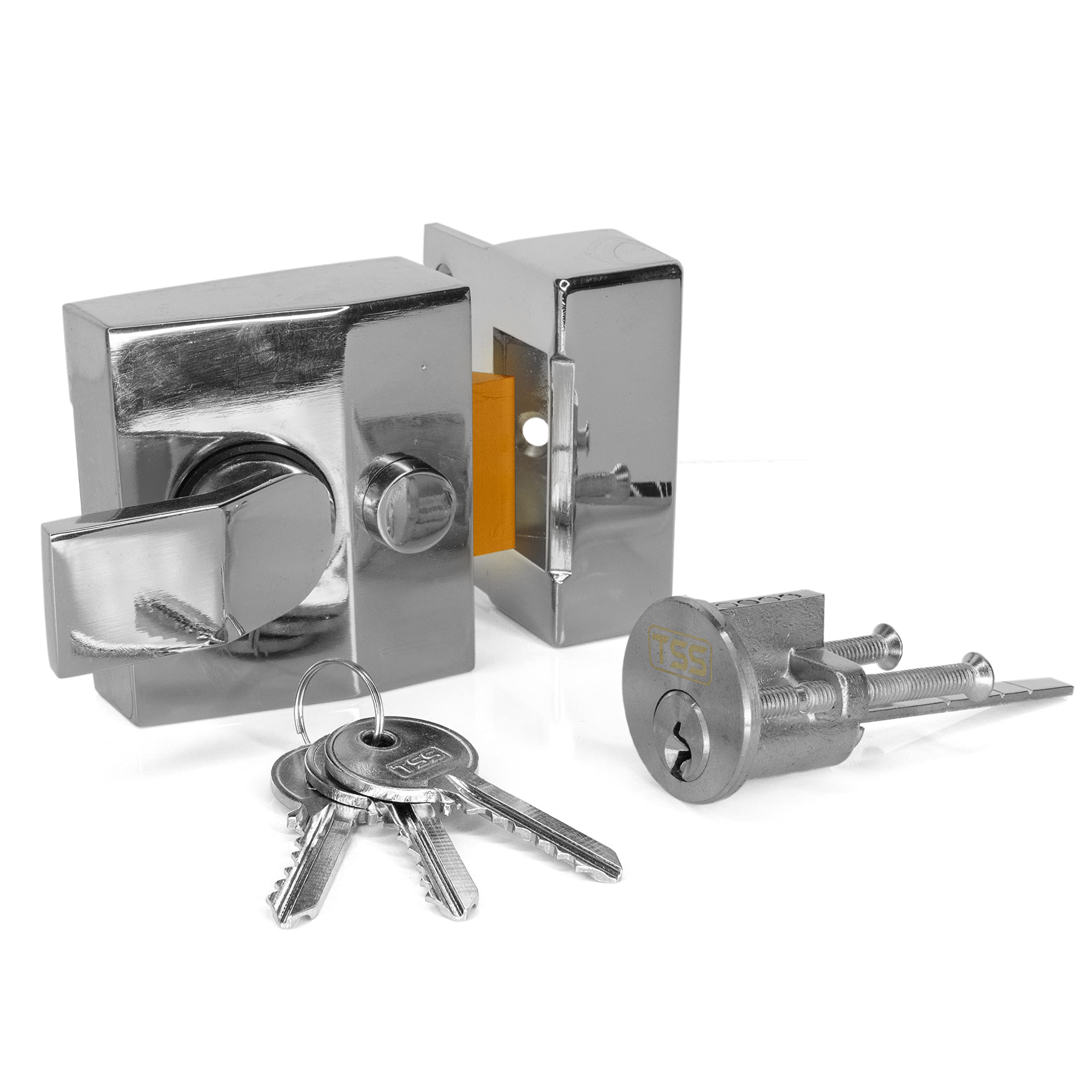 Standard Deadlocking Nightlatch, 40mm Backset, Polished Chrome Finish, Complete with Rim Cylinder Lock Supplied with 3 Keys. External Door Lock for Front Door and Back Door. (Polished Chrome)