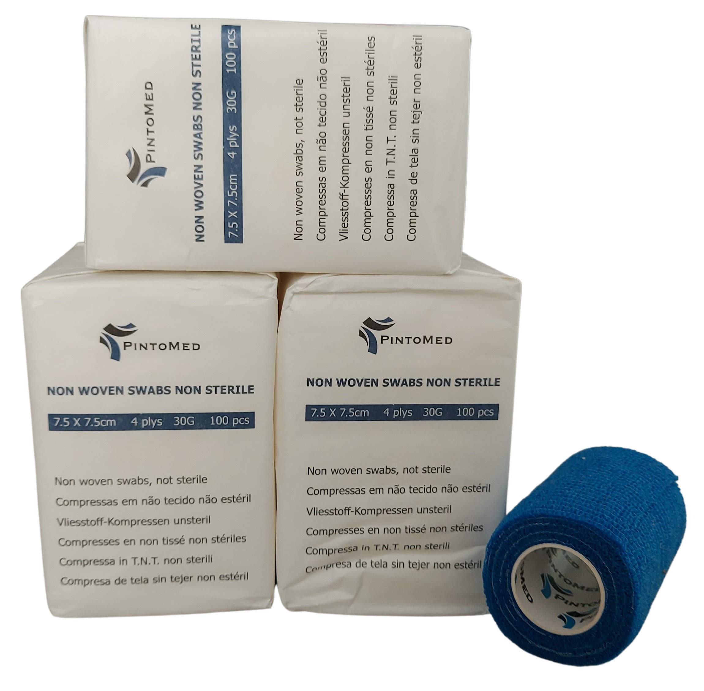 PintoMed - 3 x Pack Non-Woven Swabs, TNT, Soft Wound Care, Absorbent, First Aid, Non-Sterile 7.5cm x 7.5cm 4Plys - Pack of 3 x100 = 300 Pcs. Offer 1 Roll Cohesive Bandage 7.5 cm x 4.5 m