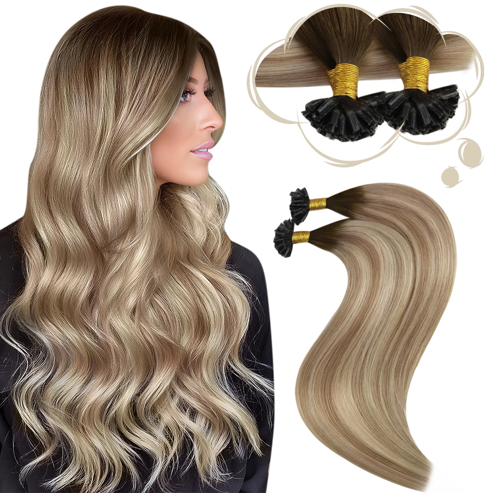 Moresoo Balayage U Tip Hair Extensions Real Human Hair Brown to Light Brown Mix with Medium Blonde Ombre Pre Bonded Hair Extensions Keratin Human Hair Extensions 1g/s 50g/Pack #3/8/22 16 Inch — image 1