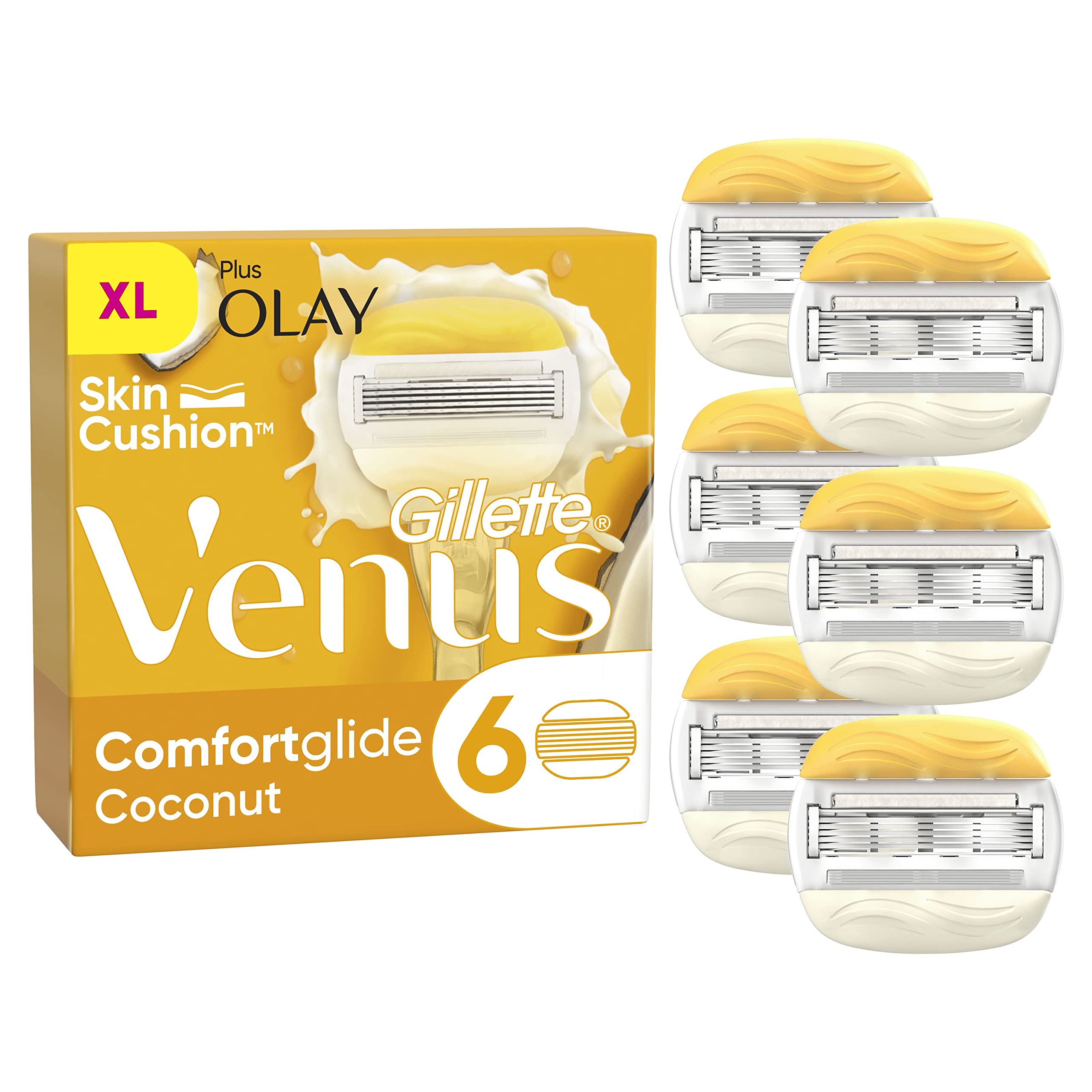 Gillette Venus ComfortGlide Coconut with Olay Razor Blades Women, Pack of 6 2-In-1 Razor Blade Refills with Moisture Bars (Packaging May Vary)
