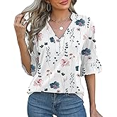 Rapbin Womens 3/4 Length Sleeve Blouses Ruffle Cuffs V Neck Button Down Shirts Dressy Flowy Tunic Tops