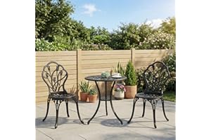 Outsunny 3 Pieces Patio Bistro Set, Outdoor Cast Aluminum Garden Table and Chairs with Umbrella Hole for Balcony, Black