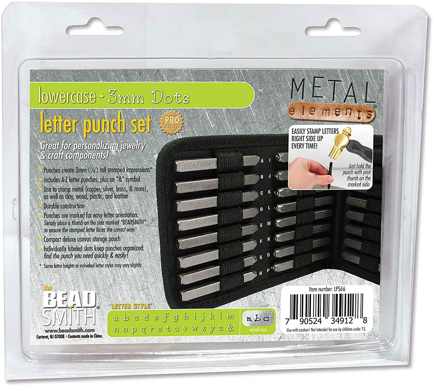 The Beadsmith Steel Alphabet Stamps - Metal Elements - 27-Piece 3mm Lowercase Dots Font - A-Z Letters Plus “&” Symbol - Storage Case Included - Used for Stamping & Personalizing Soft Metals