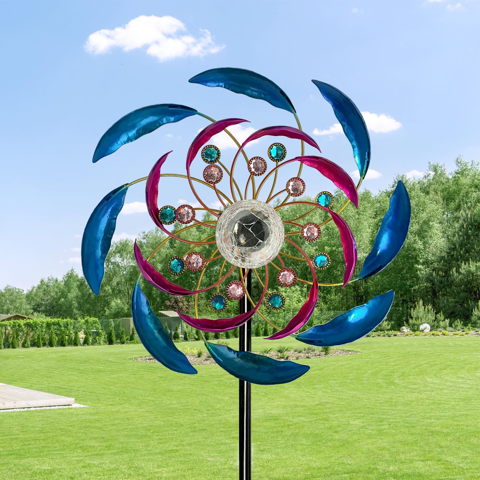 Photo 1 of 46" Wind Spinners for Yard and Garden with Solar LED Light, Metal Kinetic Wind Spinner Outdoor Decor, Wind Sculpture Yard Art Decorations for Patio, Lawn & Garden