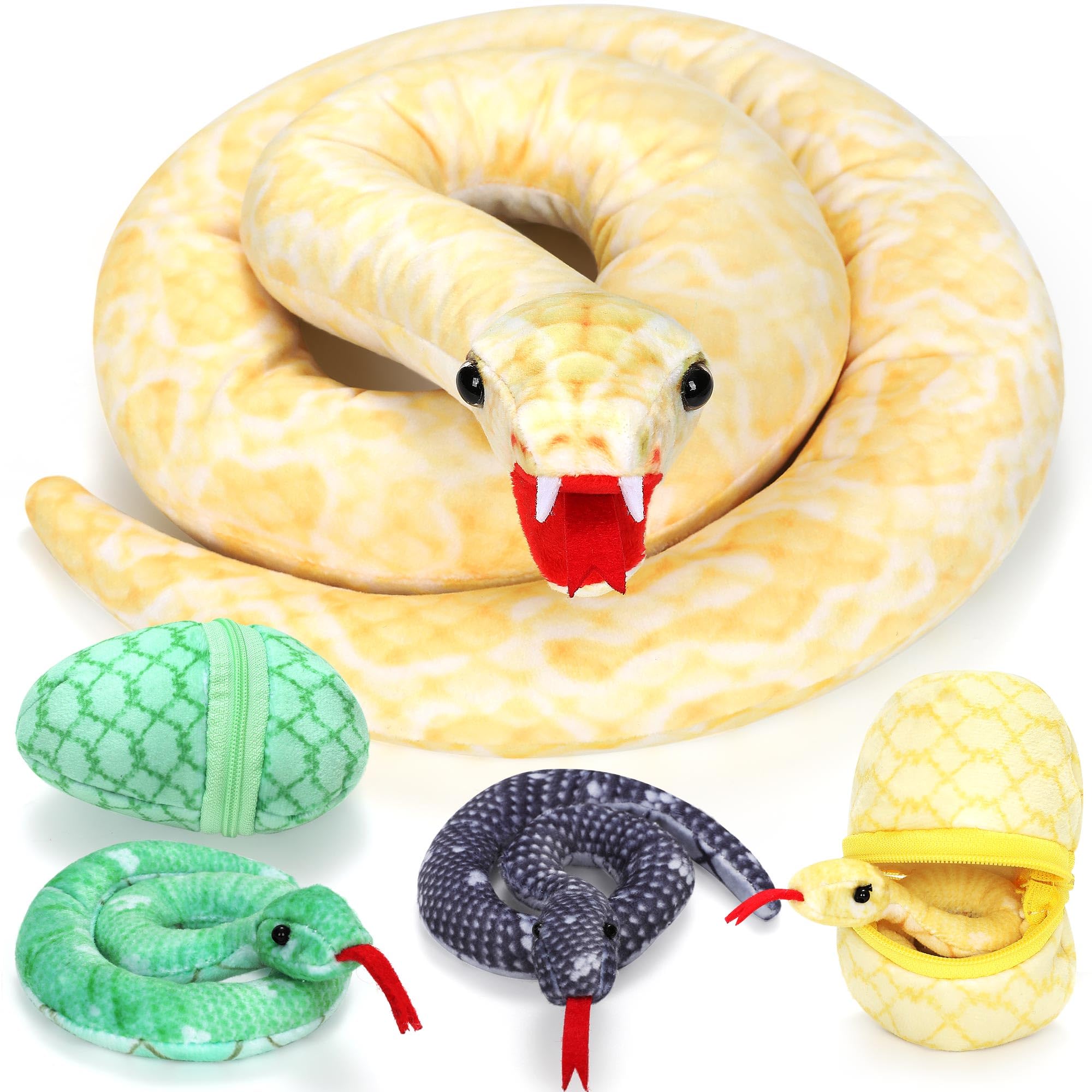 Photo 1 of Xhamuon 55 Inch Giant Snake Plush Mommy with 3 Babies, Easter Filler Gifts Mommy Snake with 3 Cute Babies & 3 Eggs Golden Snake Easter Stuffed Animal for Boys Girls