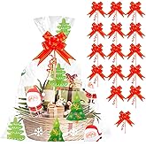 Christmas Cellophane Bags,15 Pcs 18 x 24 Inch Large Clear Gift Bags Cellophane Wrap for Gift Baskets, Plastic Christmas Gift Basket Bags with Red Twist Ties for Holiday Gift Cookie Wrap Party Favors