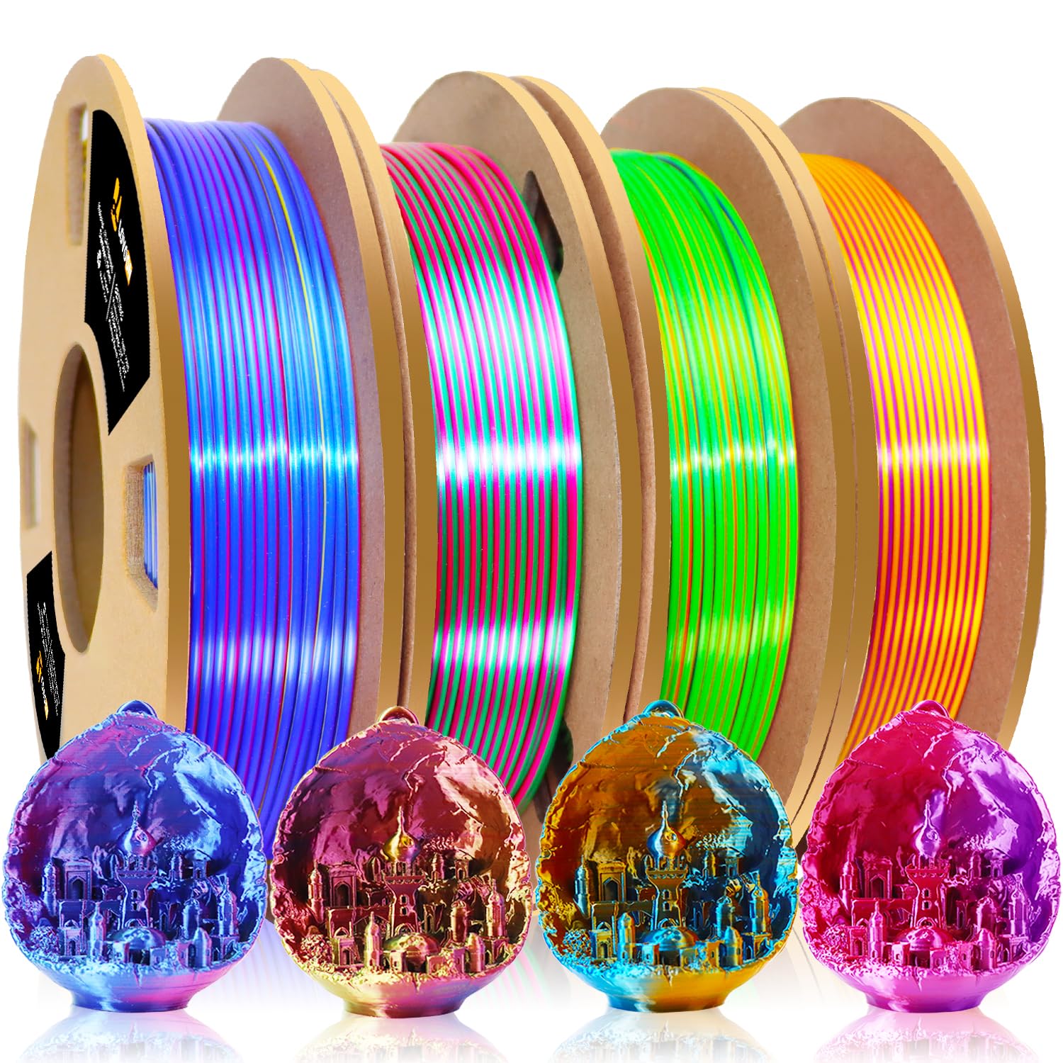Photo 1 of LOVOON 3D PLA Filament 1.75mm Bundle, Tricolor 3D Printer Filament Bundle, Rainbow Silk PLA Filament Bundle, PLA Filament for 3D Printer 3D Pen, Dimensional Accuracy +/-0.02mm, 200g x 4 Spools