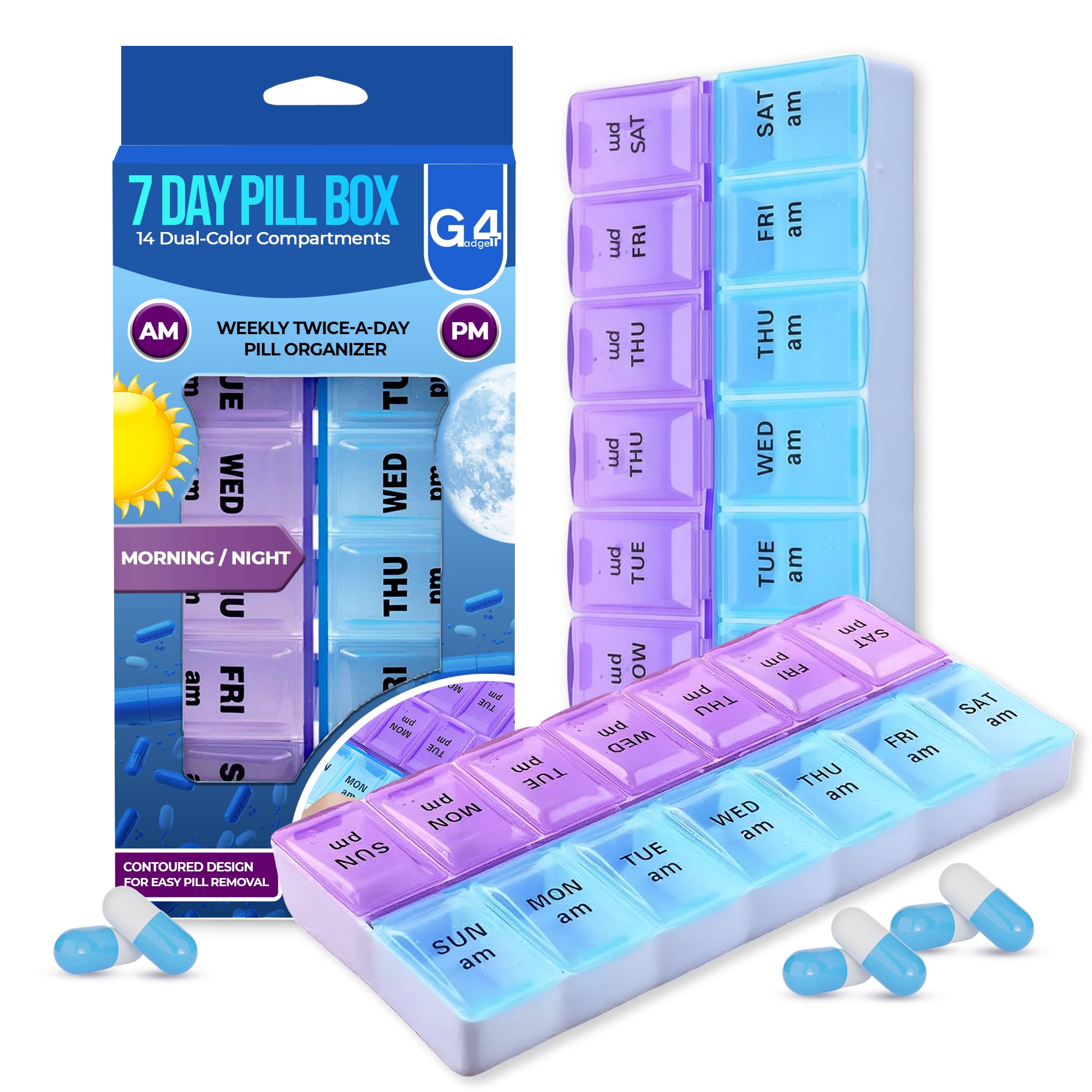 G4GADGET 7 Day Pill Box Organiser – Weekly 2 Times a Day AM/PM Medication Organizer with 14 Dual-Colour Compartments, Travel Pill Case for Vitamins, Tablets & Supplements – Easy Open Pill Dispenser