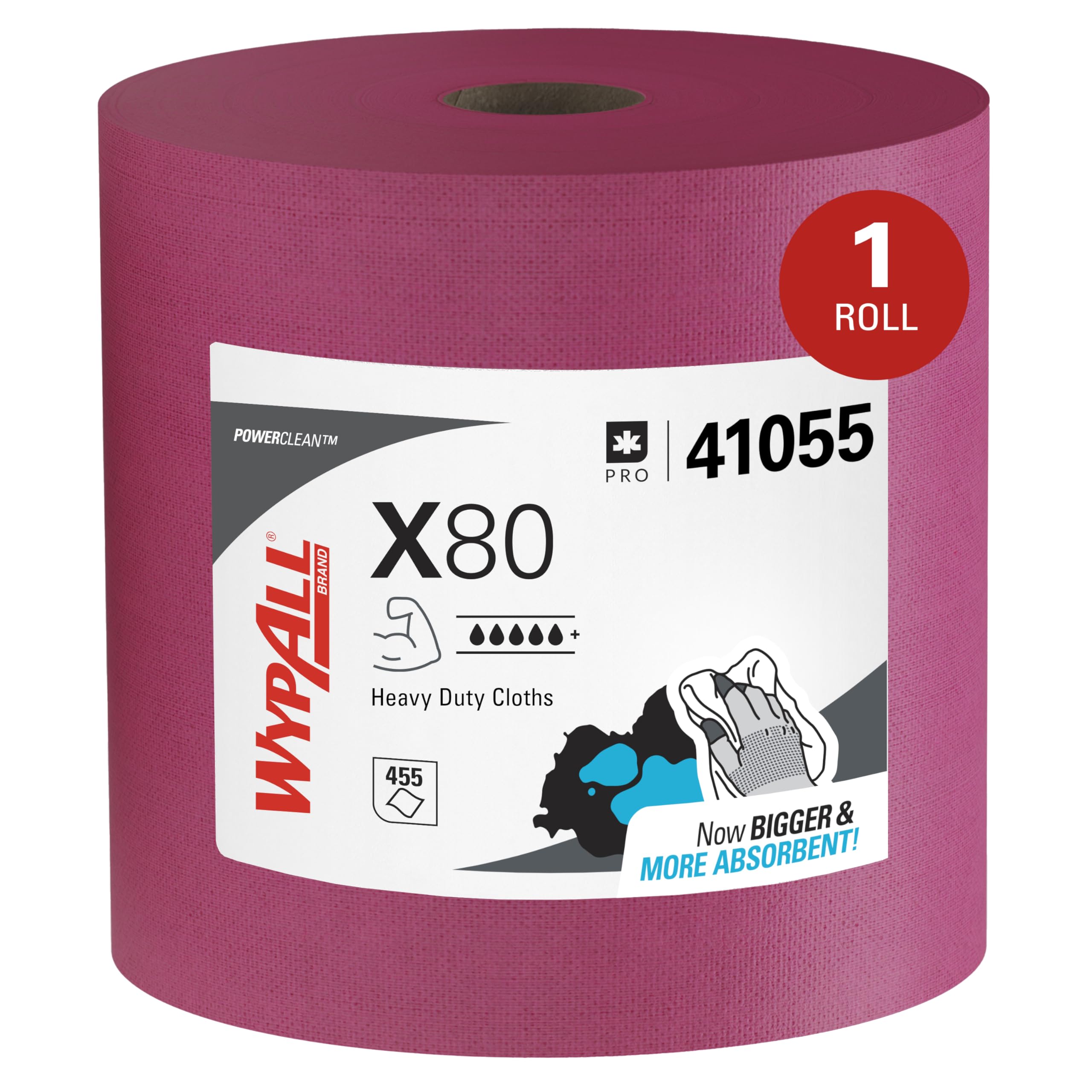 WypAll PowerClean X80 Cloths Heavy Duty Wipes (41055), Jumbo, Extended Use Towels, Red (1 Roll of 455 Sheets, 455 Sheet Total)