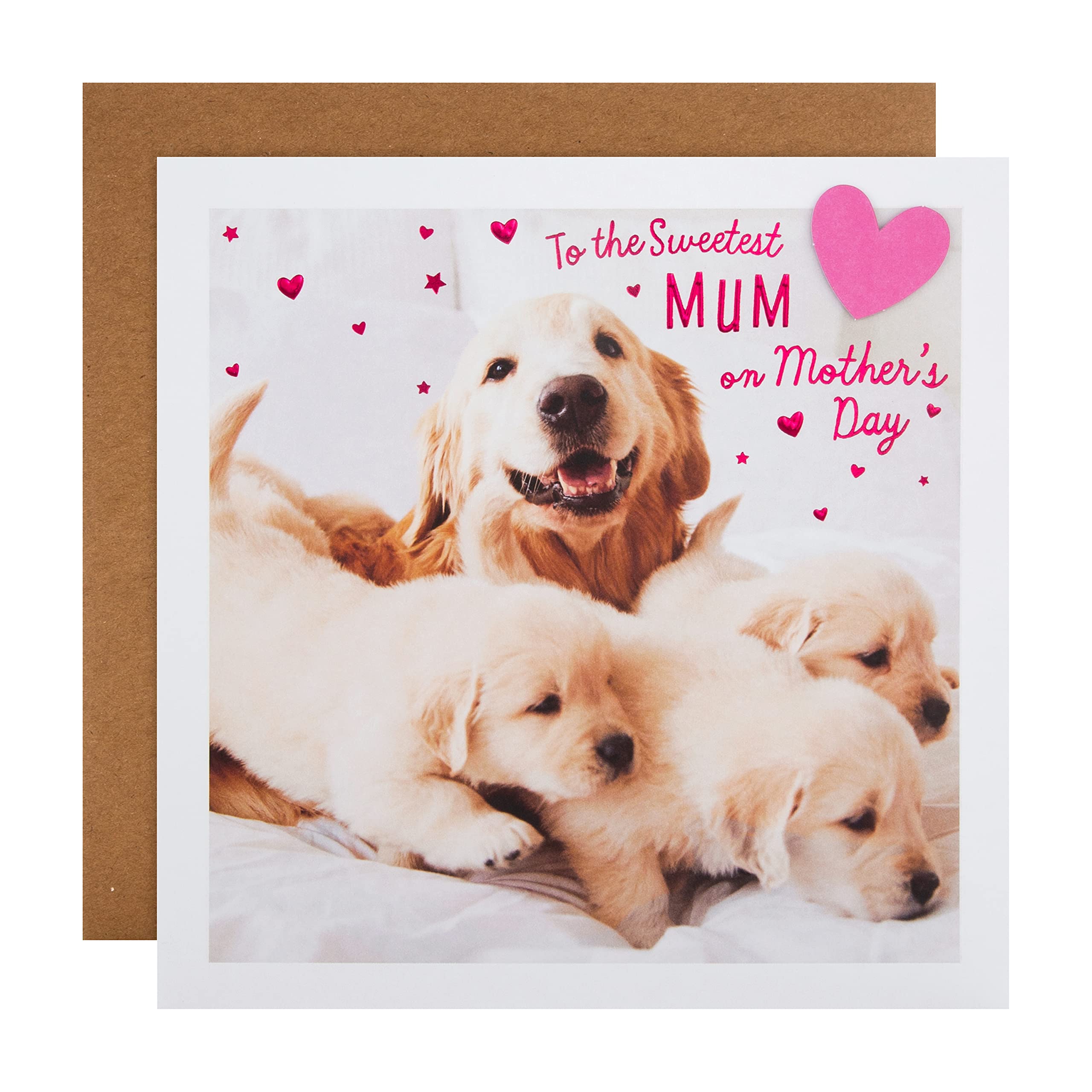 Hallmark Mothers Day Card for Mum, Cute Dog & Puppies Design, Love Hearts, Pink, White