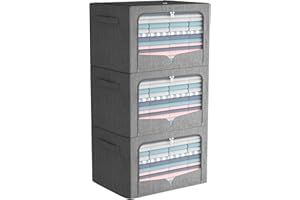 FHSQX 3 Pack Clothes Storage Bins - Foldable Metal Frame Storage Box - Stackable Linen Fabric Organizer Set with Carrying Handles and Clear Window (Dark Gray, 19.7x15.7x12.6inch(66L))