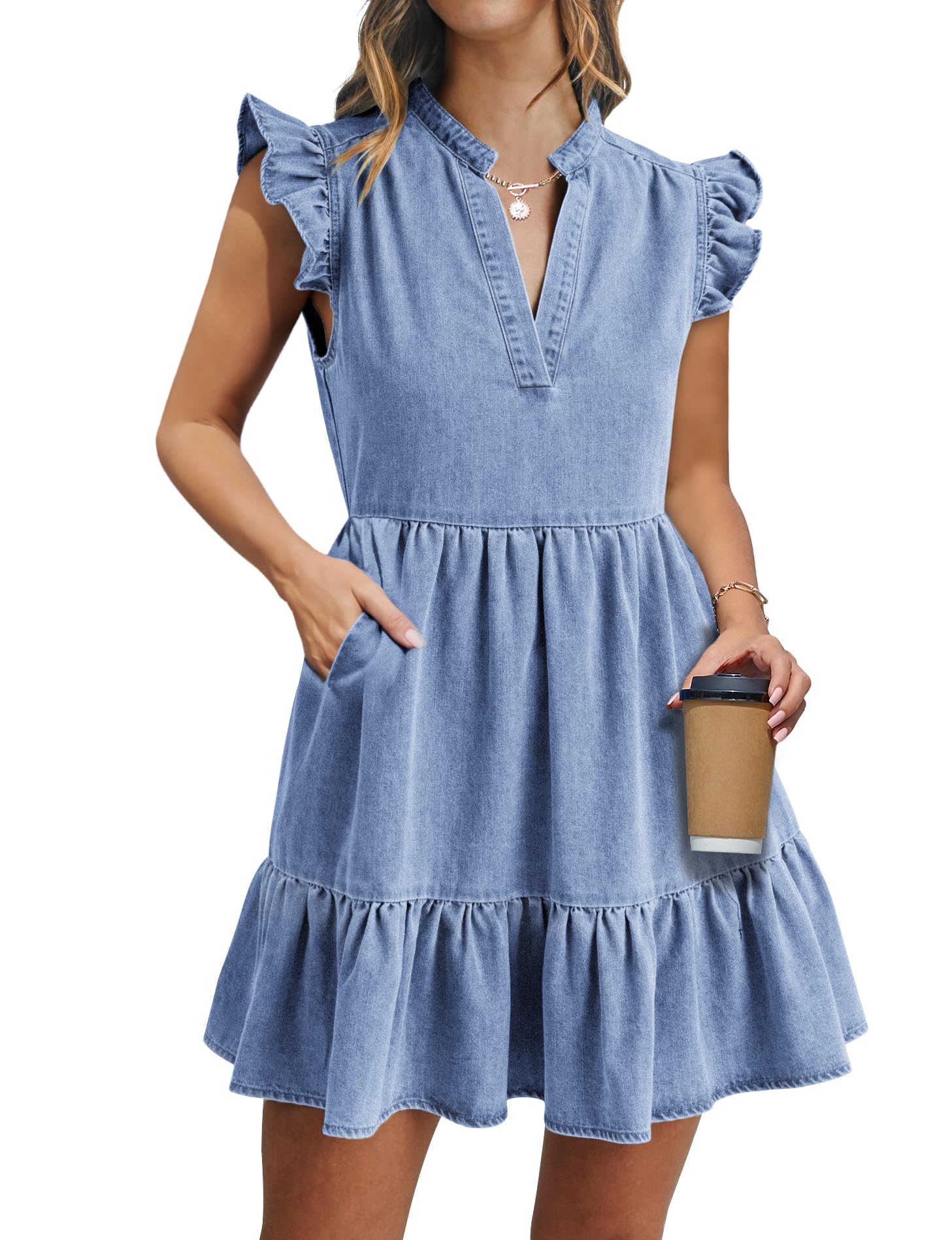 Photo 1 of POTILI Denim Dress for Women Ruffle Short Sleeve V Neck Jean Mini Dress with Pockets Light Blue