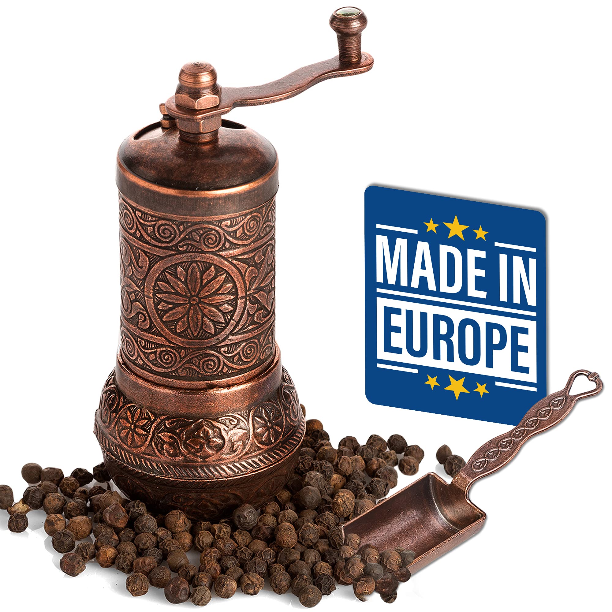 CRYSTALIA Black Pepper Grinder Mill, Refillable Peppercorn Grinder, Turkish Pepper Grinder Decorative, Spice Mill with Adjustable Coarseness, Pepper Mill with Crank Handle, Spice Grinder