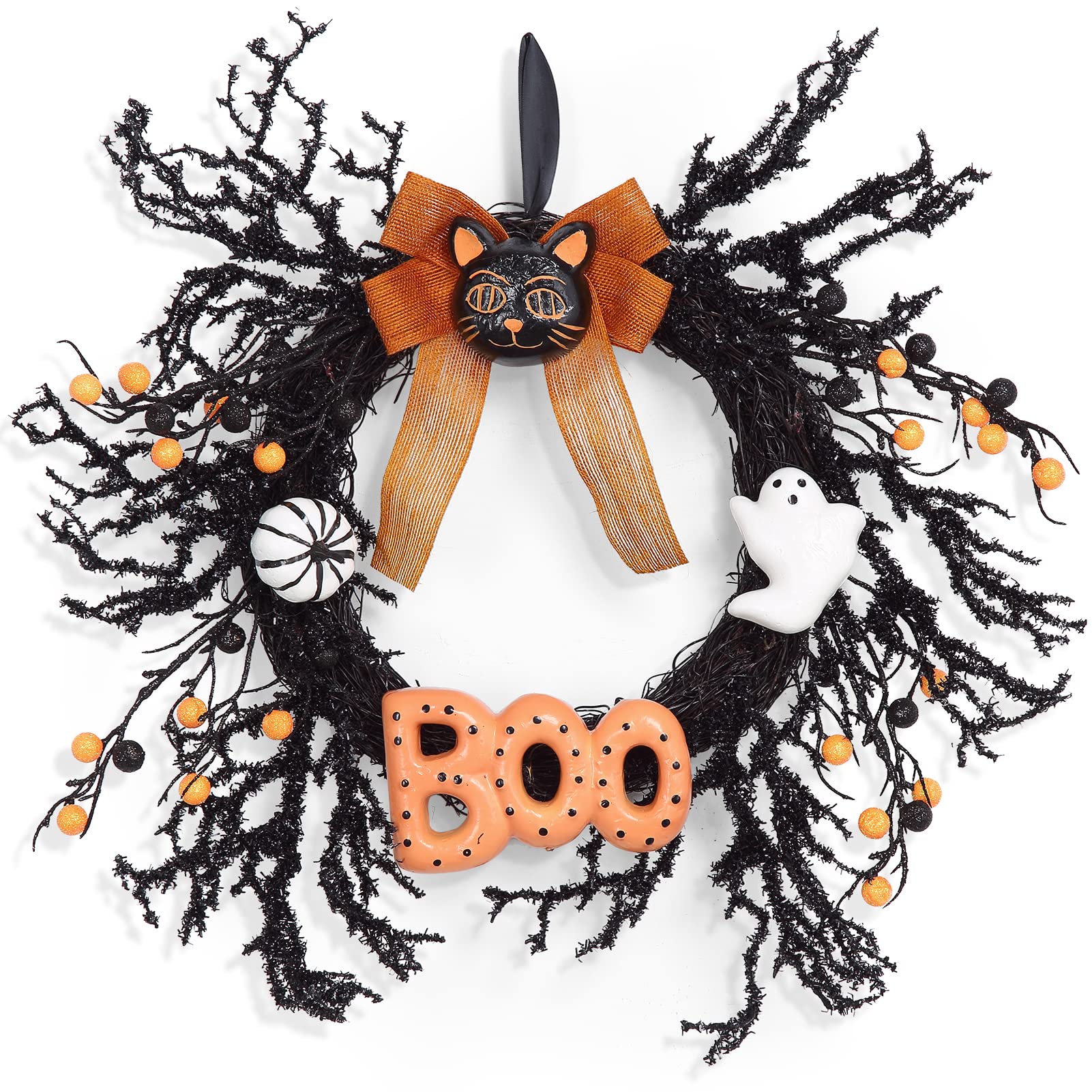 Photo 1 of Adeeing Halloween Wreaths for Front Door, 18Inch Halloween Wreath with Black Cat Boo Sign White Pumpkin and Ghost for Indoor Outdoor Window Proch Halloween Decoration