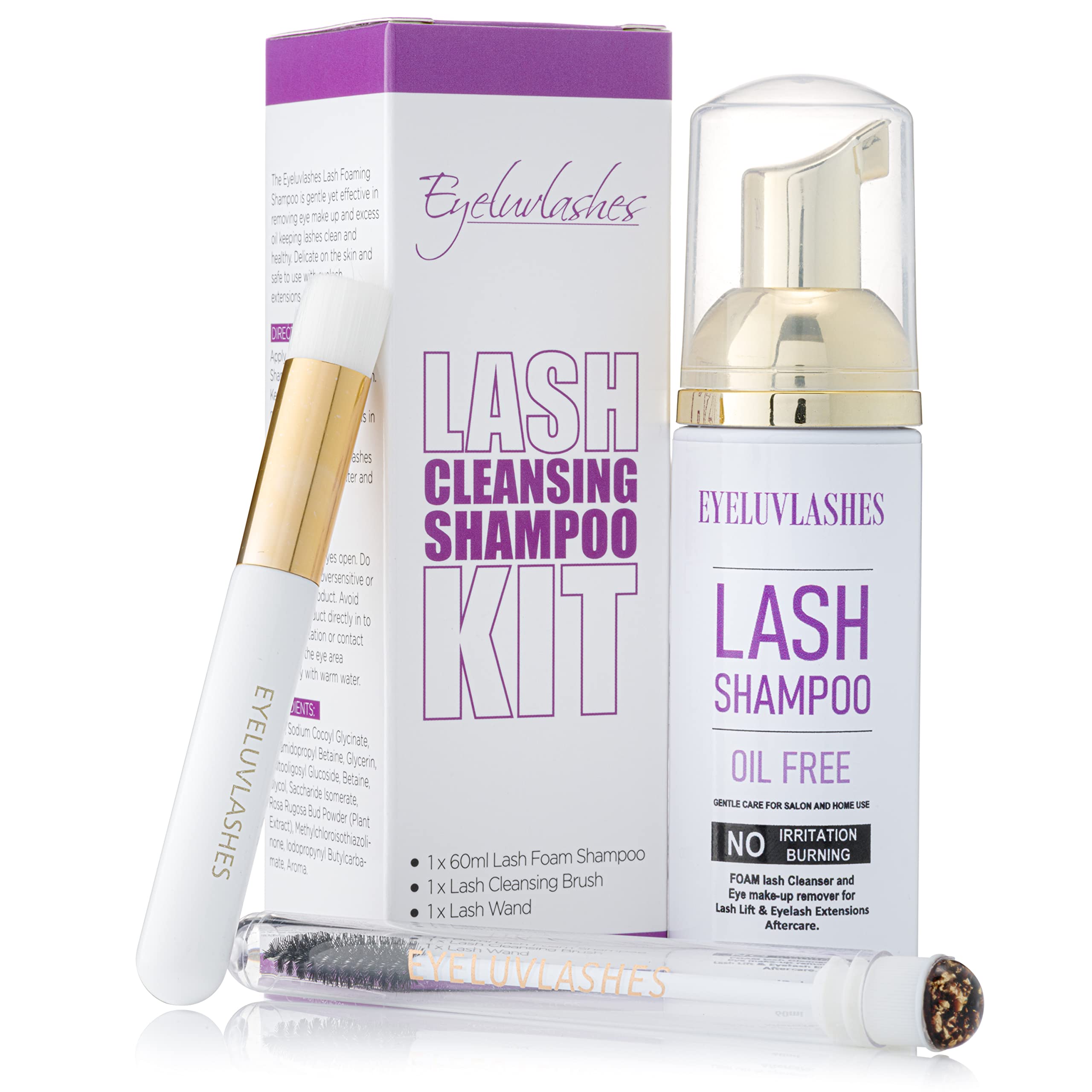 60ml Lash Shampoo Kit with Lash Cleanser Brush & Lash Spoolie Foaming Cleanser Vegan Cruelty Free Eyelash Extensions Oil Free Eyelash Extension Shampoo Pre-Treatment & Daily Use Aftercare Eyeluvlashes