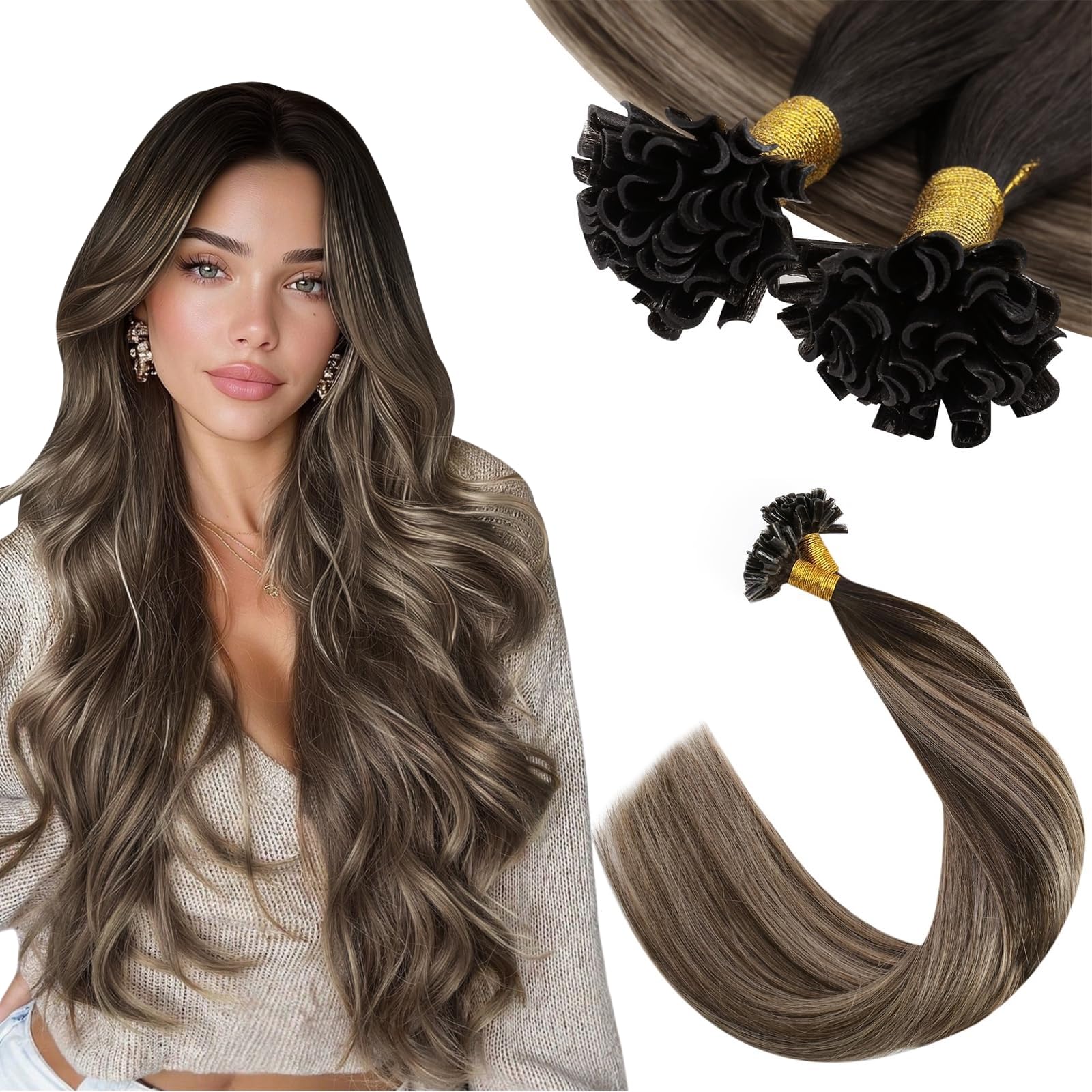 Ugeat Ash Brown Utip Hair Extensions Human Hair Balayage Brown Keratin Hair Extensions Real Human Hair Dark Brown Mix Ash Brown Balayage for Women 16 Inch 50G 50S โ image 1