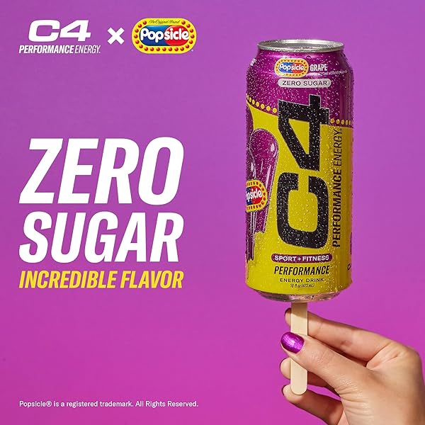 C4 PERFORMANCE ENERGY DRINK, GRAPE POPSICLE, ZERO SUGAR CARBONATED PREWORKOUT ENERGY, 200MG CAFFEINE WITH BETA ALANINE, 16 FL OZ (12 PACK)