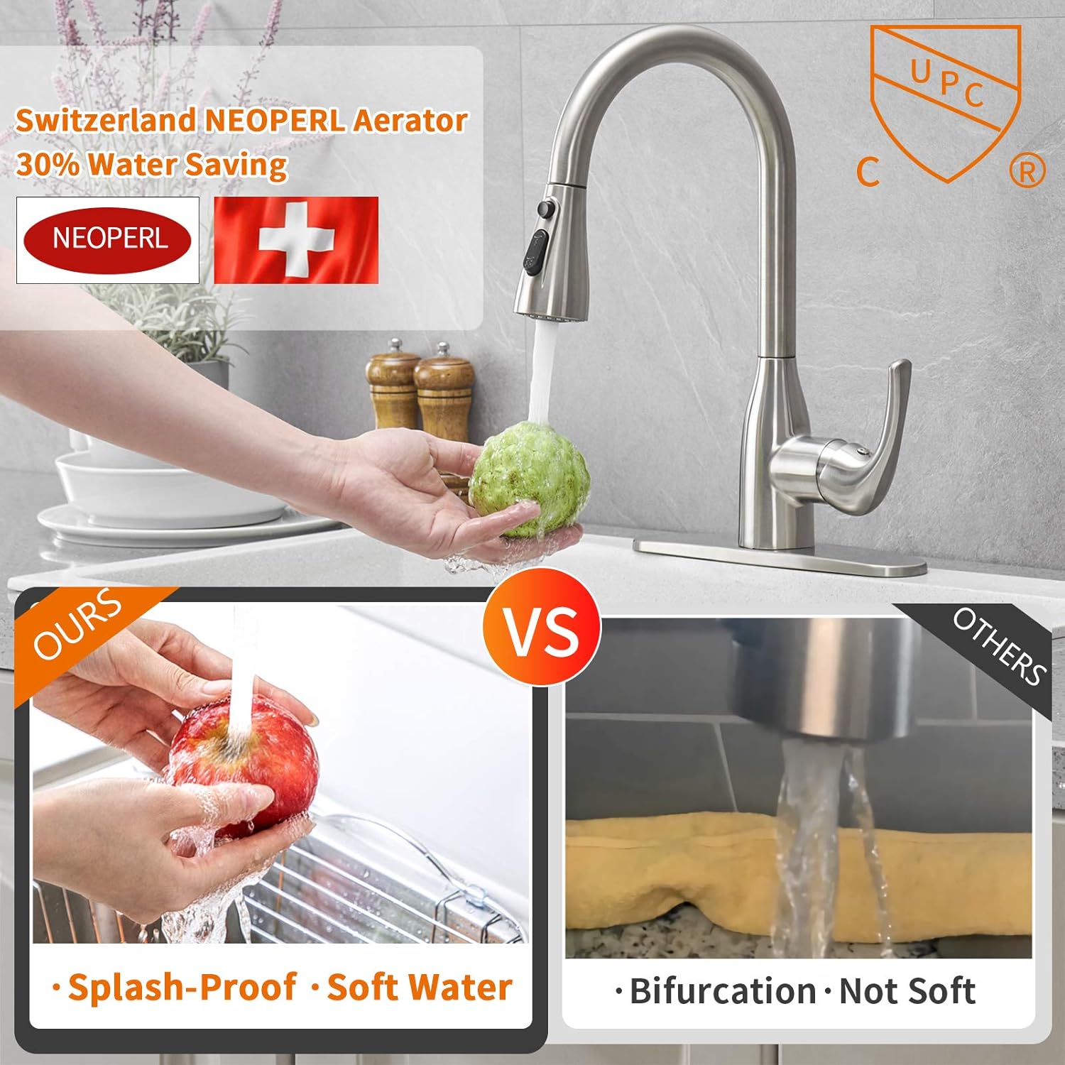 Cobbe Kitchen Sink Faucet, Kitchen Faucet with Sprayer Pull Down Kitchen Faucet Brushed Nickel High Arc Single Handle Lead-free Faucet - - 