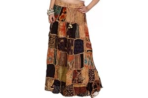 Exotic India Long Printed Dori Skirt from Gujarat with Patch Work - Rayon
