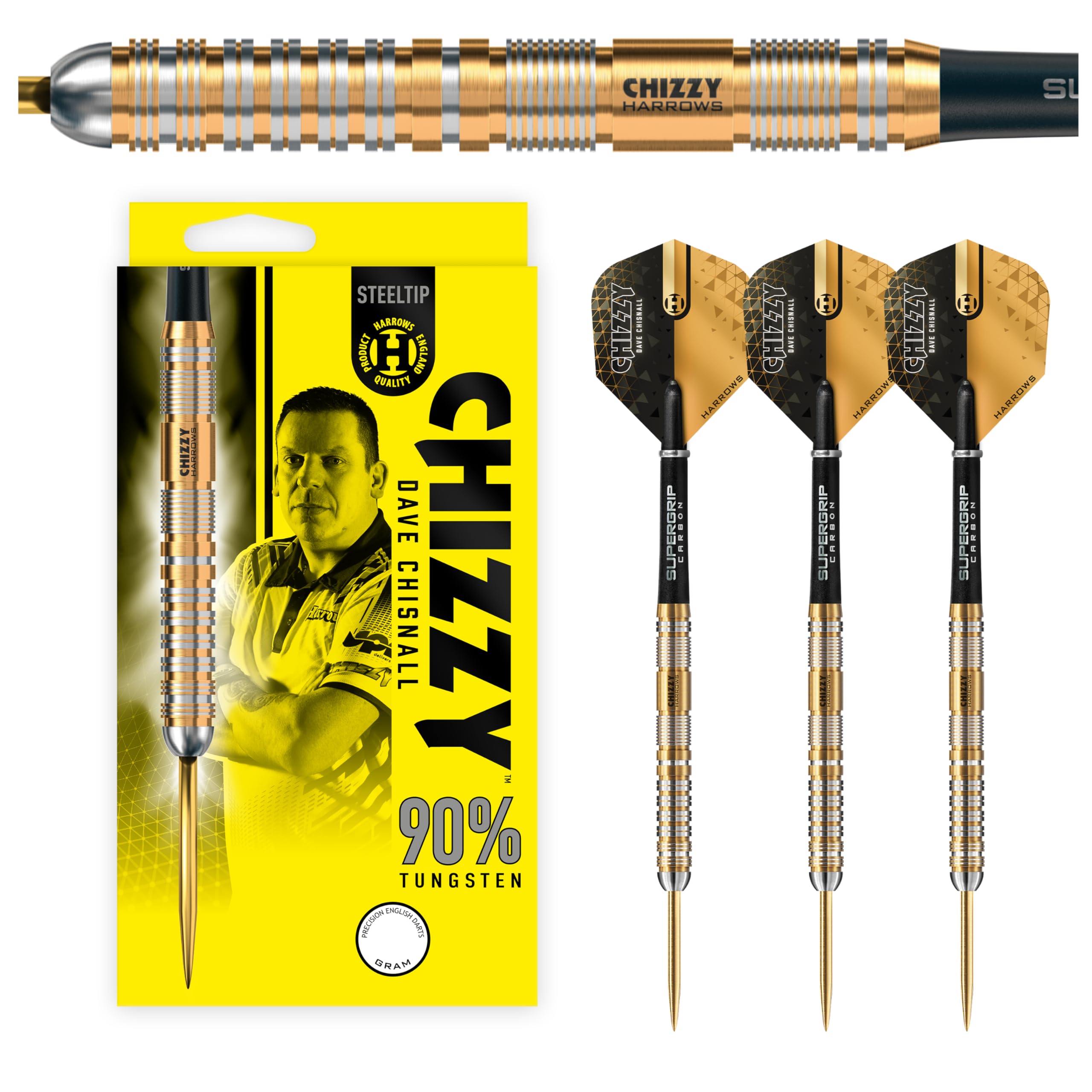 Harrows Dave 'Chizzy' Chisnall 90% Tungsten Darts Pro Player Steel Tip Darts Set with Quick Point Change System 21g Includes Supergrip Carbon Shafts & 100 Tough Micron Chizzy Flights (25g)