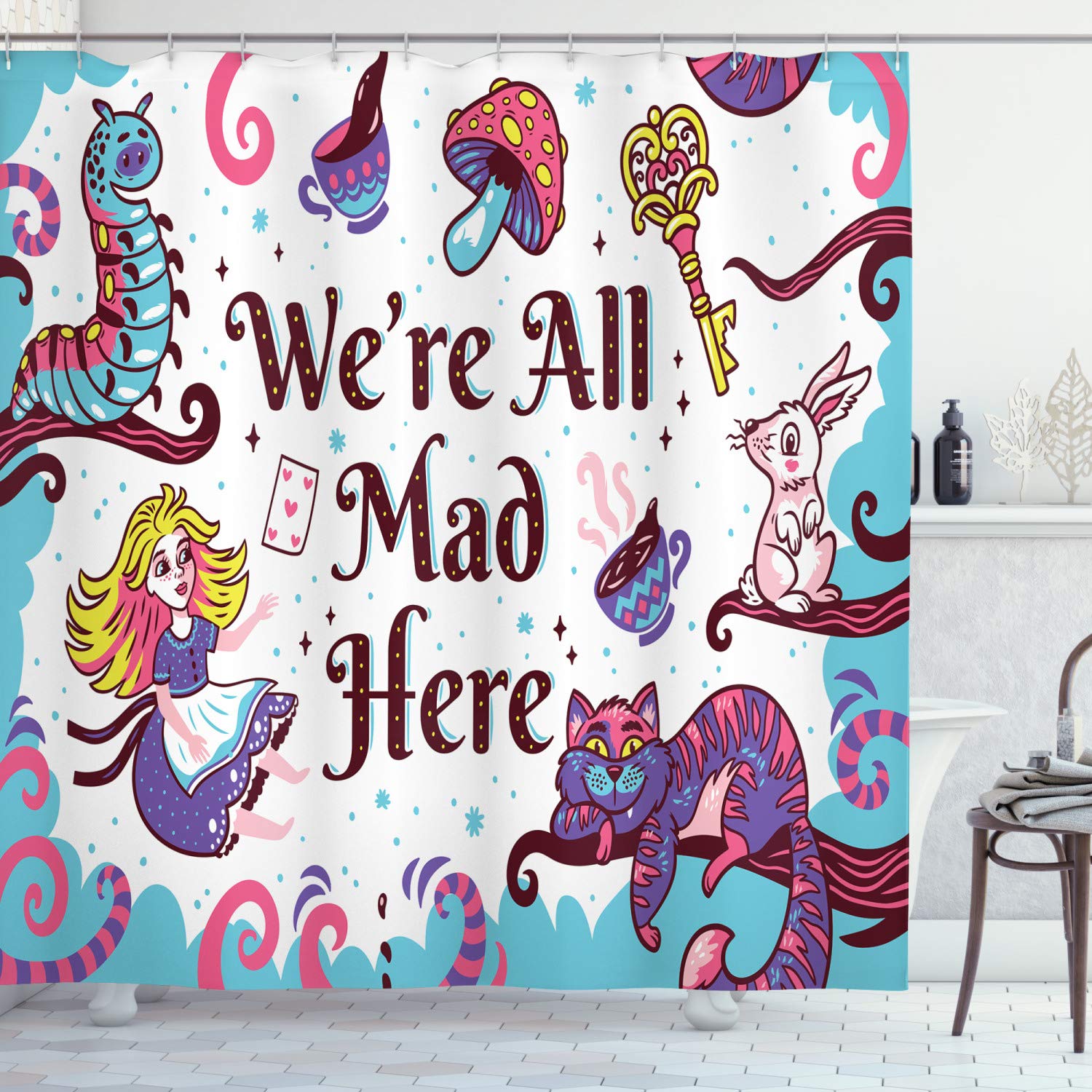 ABAKUHAUS Alice in Wonderland Shower Curtain, We Are All Mad Here Words with Caterpillar White Rabbit Cheshire Cat, Cloth Fabric Bathroom Decor Set with Hooks, 175 x 240 cm, Blue Purple — image 1