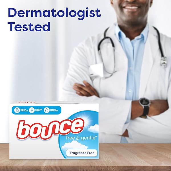 BOUNCE FREE & GENTLE DRYER SHEETS, 240 SHEETS, UNSCENTED FABRIC SOFTENER SHEETS, HYPOALLERGENIC AND DERMATOLOGIST TESTED
