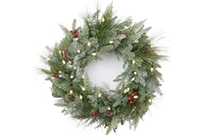 AMERZEST Pre-lit Christmas Wreath with Decorated with Flocked Branches,Berries and Pine Cones,24 Inch 50 Battery Operated LED Lights,Holiday Decoration for Front Door Outdoor