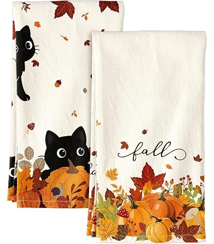 Fall Kitchen Towels Set Of 2 – 18x26 Inch Absorbent Dish Towels With Autumn Pumpkin Design, Hanging Loop For Thanksgiving Harvest Decor