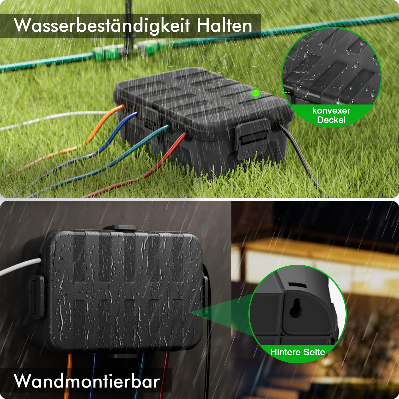 RESTMO große wasserdichte Kabelbox für den Außenbereich (Outdoor), IP54 wasserdicht, wetterfester Elektrokasten zum Schutz von Verlängerungskabel, Steckdosenleisten, Außensteckern (32x22x13cm)-Schwarz 4