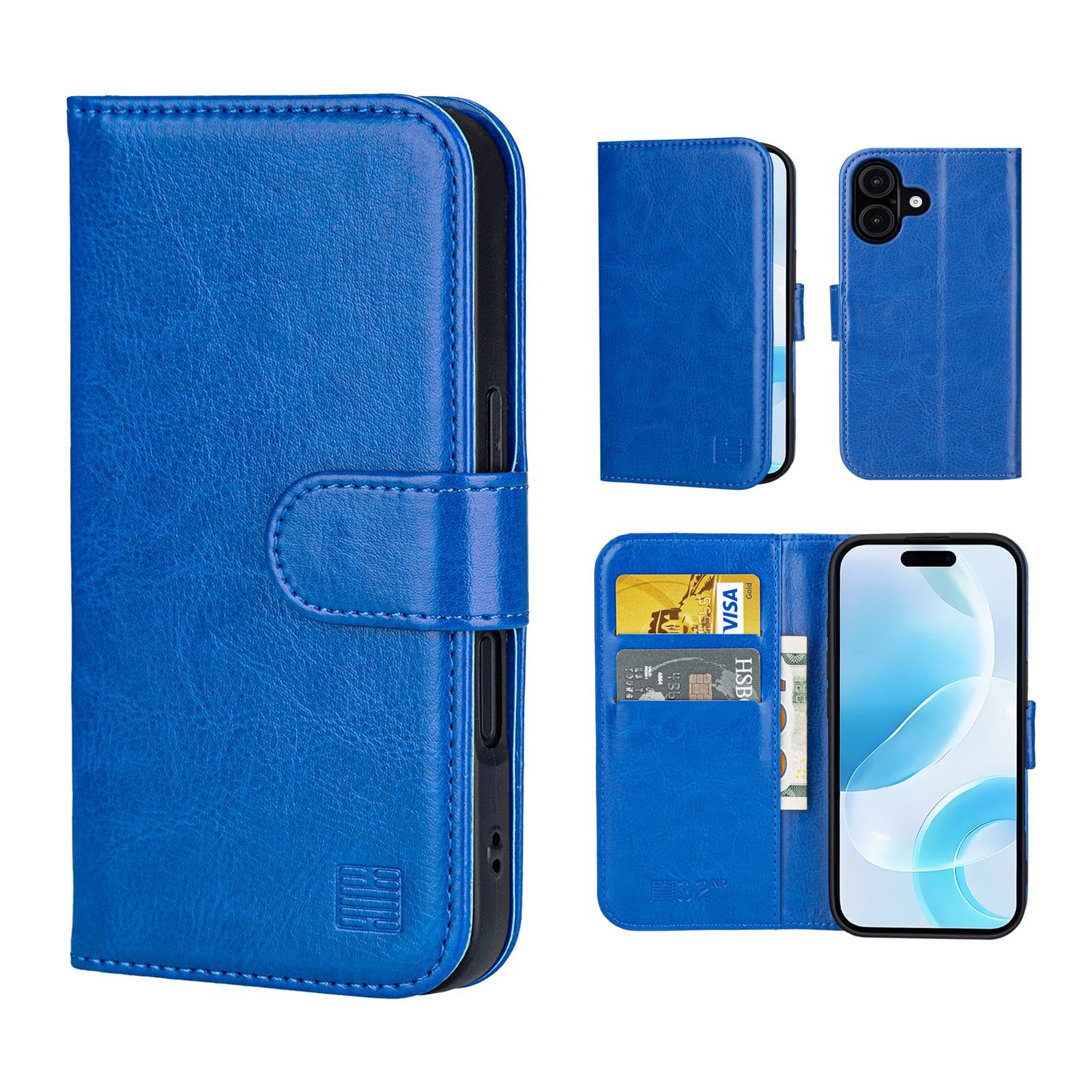 32nd Book Wallet PU Leather Case Cover for iPhone 16 (6.1"), Flip Case With RFID Blocking Card Slots, Magnetic Closure and Built In Stand - Deep Blue