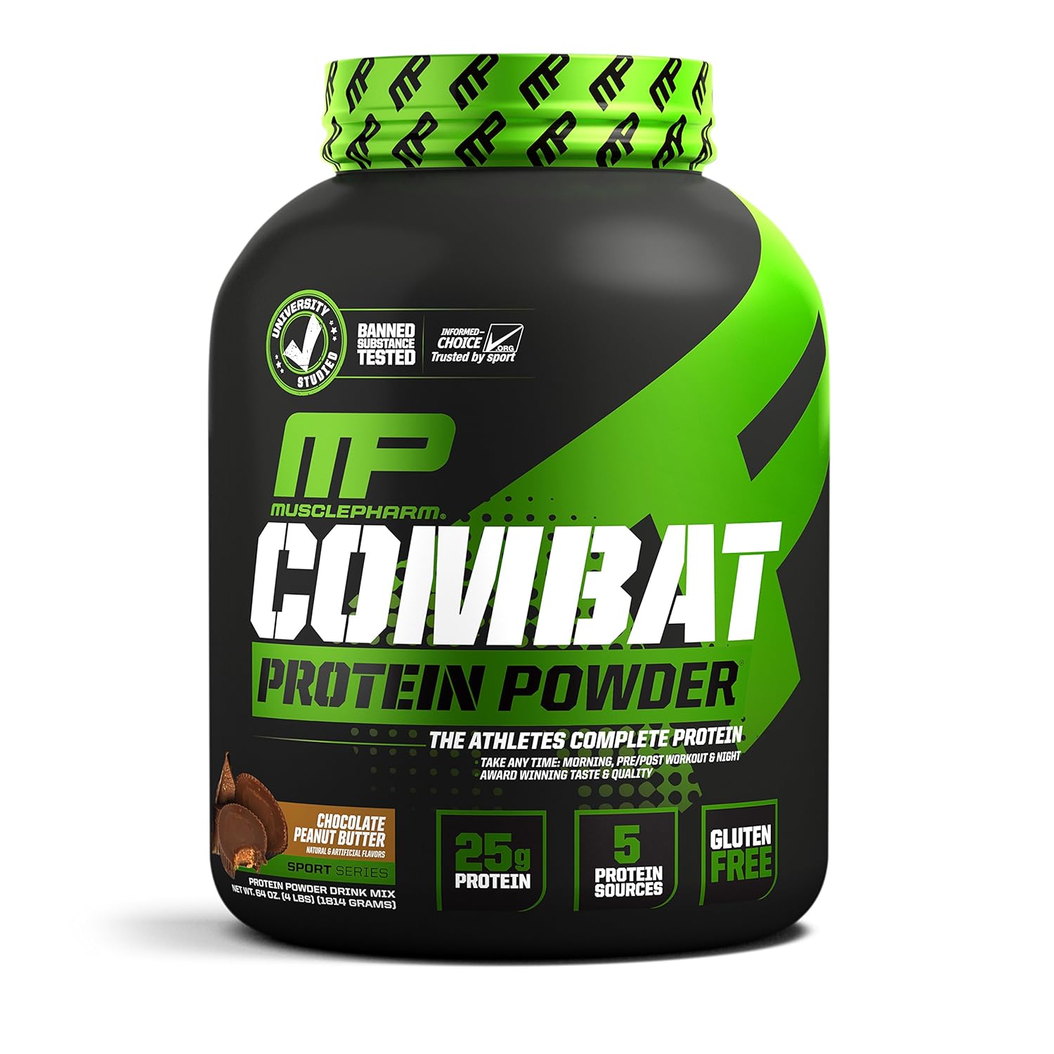 MusclePharm Combat Protein Powder, Essential Whey Protein Powder, Isolate Whey Protein, Casein and Egg Protein with BCAAs and Glutamine for Recovery, Chocolate Peanut Butter, 4-Pound, 52 Servings
