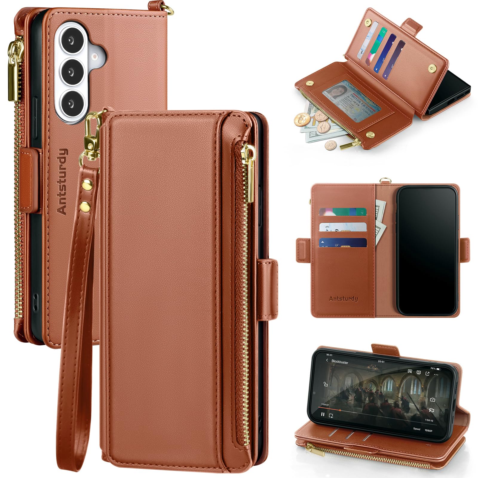 Antsturdy Compatible with Samsung Galaxy S26 Wallet Case with Card Holder【RFID Blocking】【Zipper Poket】【8 Card Slot】 PU Leather Flip Protective Cover Credit Card Wrist Strap Men Women,Light Brown