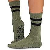 TAVI Kai Fashion Crew Grip Socks - For Slipper Barre, Pilates, and Yoga - with Grips for Women and Men, Small, Olive Green