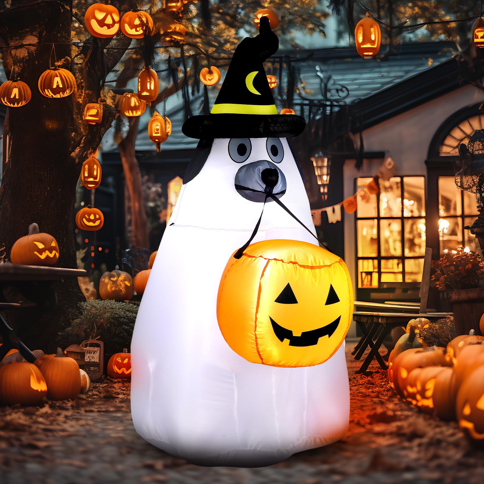 Photo 1 of 5 ft Tall Halloween Inflatables Ghost Dog with Pumpkin Outdoor Decoration Blow up Halloween Inflatables Dog with Built-in LED Light for Outdoor Yard Garden Lawn Patio Holiday Party Decoration