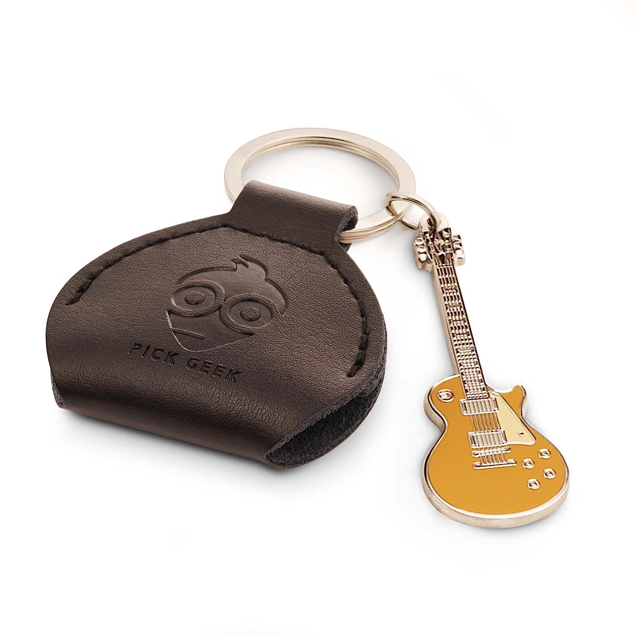 Pick Geek Black Leather Pick Holder with Miniature LP Goldtop Keyring | 100% Handmade Real Leather | Includes 3 FREE Guitar picks | Made with Jewellers Metal