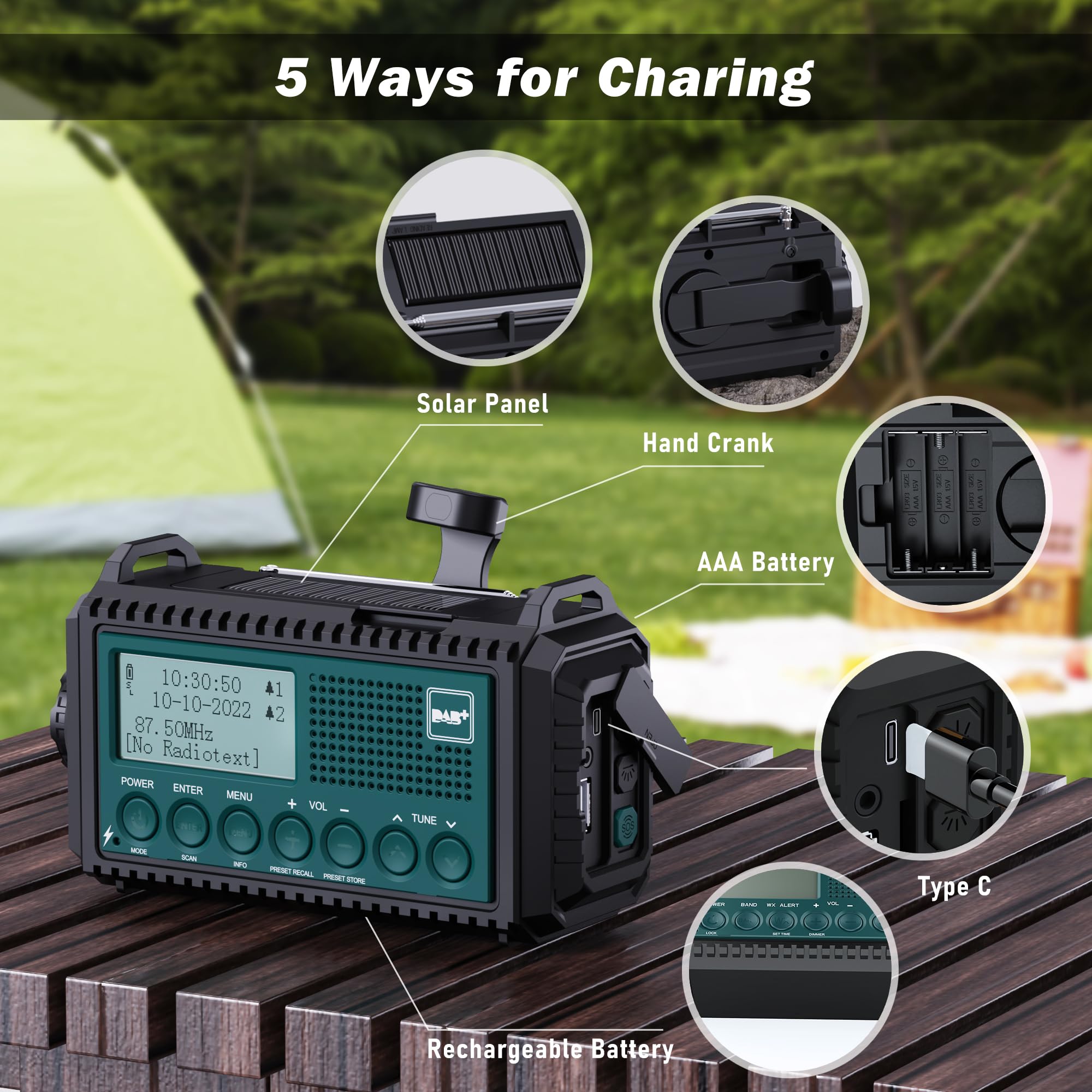 Kurbelradio DAB+/DAB/UKW mit 5000mAh Akku Wiederaufladbare, Notfallradio mit Taschenlampe & Leselicht, Tragbare Camping Radio mit USB Handyladefunktion FM Dynamo, SOS-Alarm für Wandern, Outdoor 2