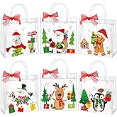 YIDAKO 24Pcs Christmas Clear Gift Bags Plastic Totes Bags With Handles Bow Ribbon For Candy Treat Goodie And Party Favors Elk Snowman Santa Gift Bags For Christmas Decorations, 7.8 * 7.8 * 3.15 inch