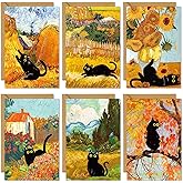 JarThenaAMCS 36 Pcs Fall Greeting Card Van Gogh Black Cat Blank Note Cards with Envelope Stickers for Autumn Holiday Birthday Party, 4 x 6 Inch