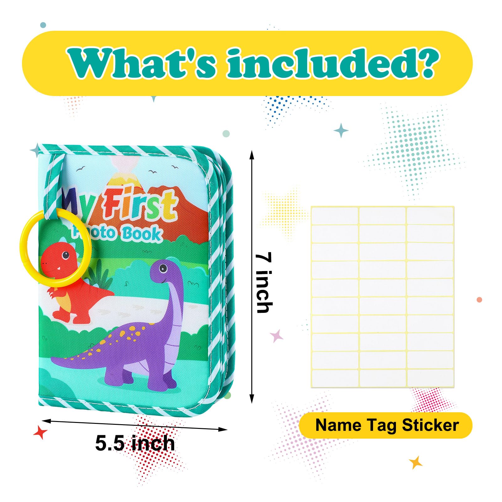 Baby Photo Album Holds 17 4x6 Pictures My First Soft Cloth Family Photo Book with Name Tag Stickers Fabric Kid Memory Keepsake Gift for Newborn Toddler Boy Girl Baby Shower(Green Dino)