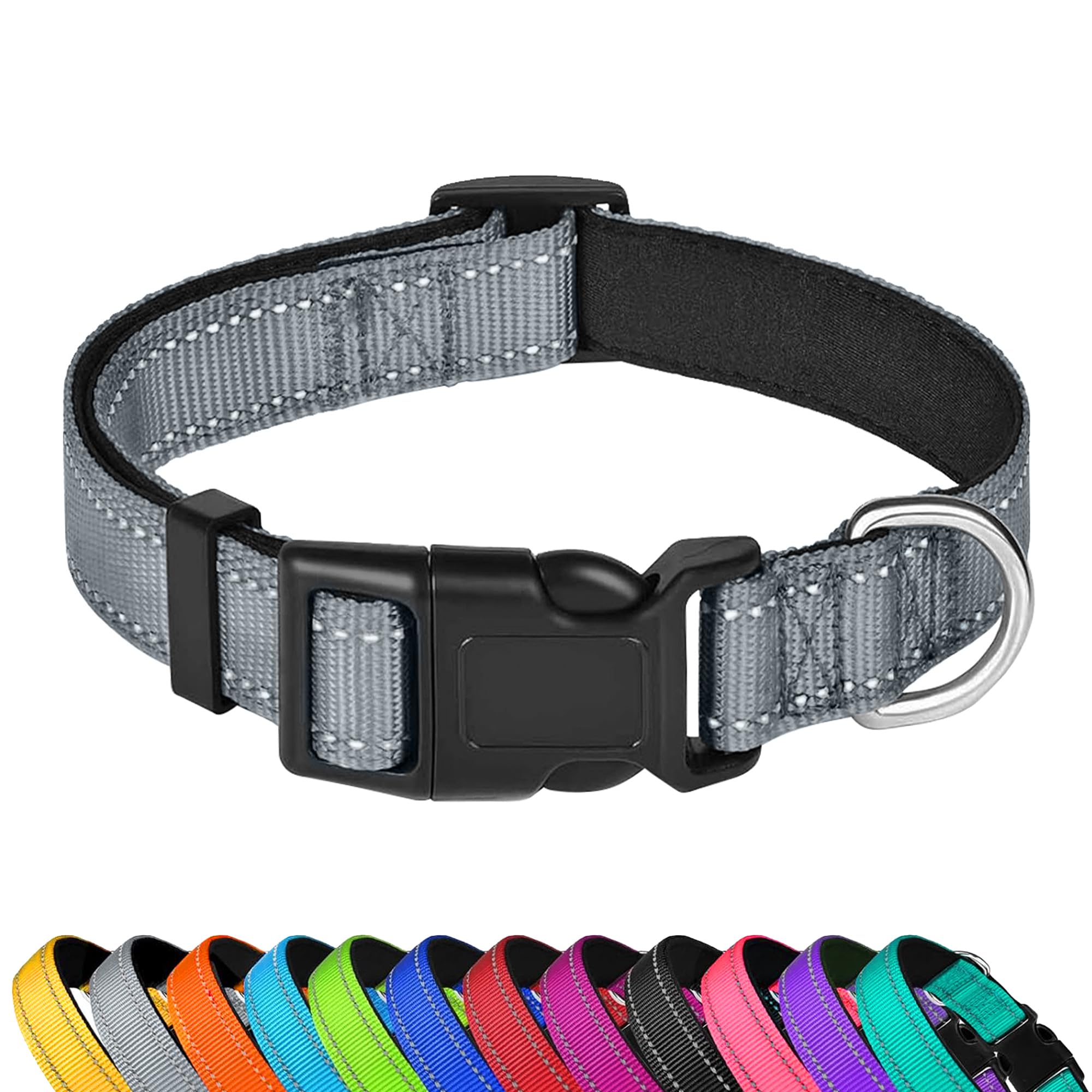 Photo 1 of PWOD Reflective Dog Collar, Adjustable Soft Neoprene Padded Nylon Pet Collars with Buckle for Small Dogs, Gray,S