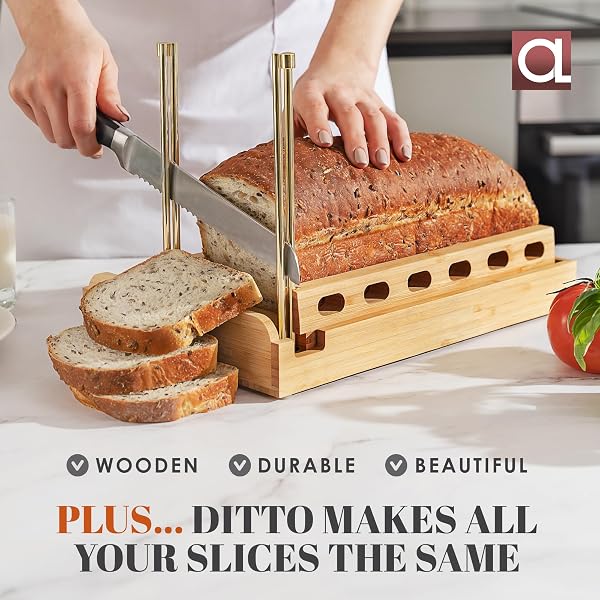 DITTO 2.0 BAMBOO BREAD SLICER FOR HOMEMADE BREAD – 6.5″ WIDE ADJUSTABLE BREAD SLICER GUIDE CUTS EVEN SLICES, 4 THICKNESS OPTIONS – WORKS WITH BUNS, BAGELS – INCL CRUMB TRAY
