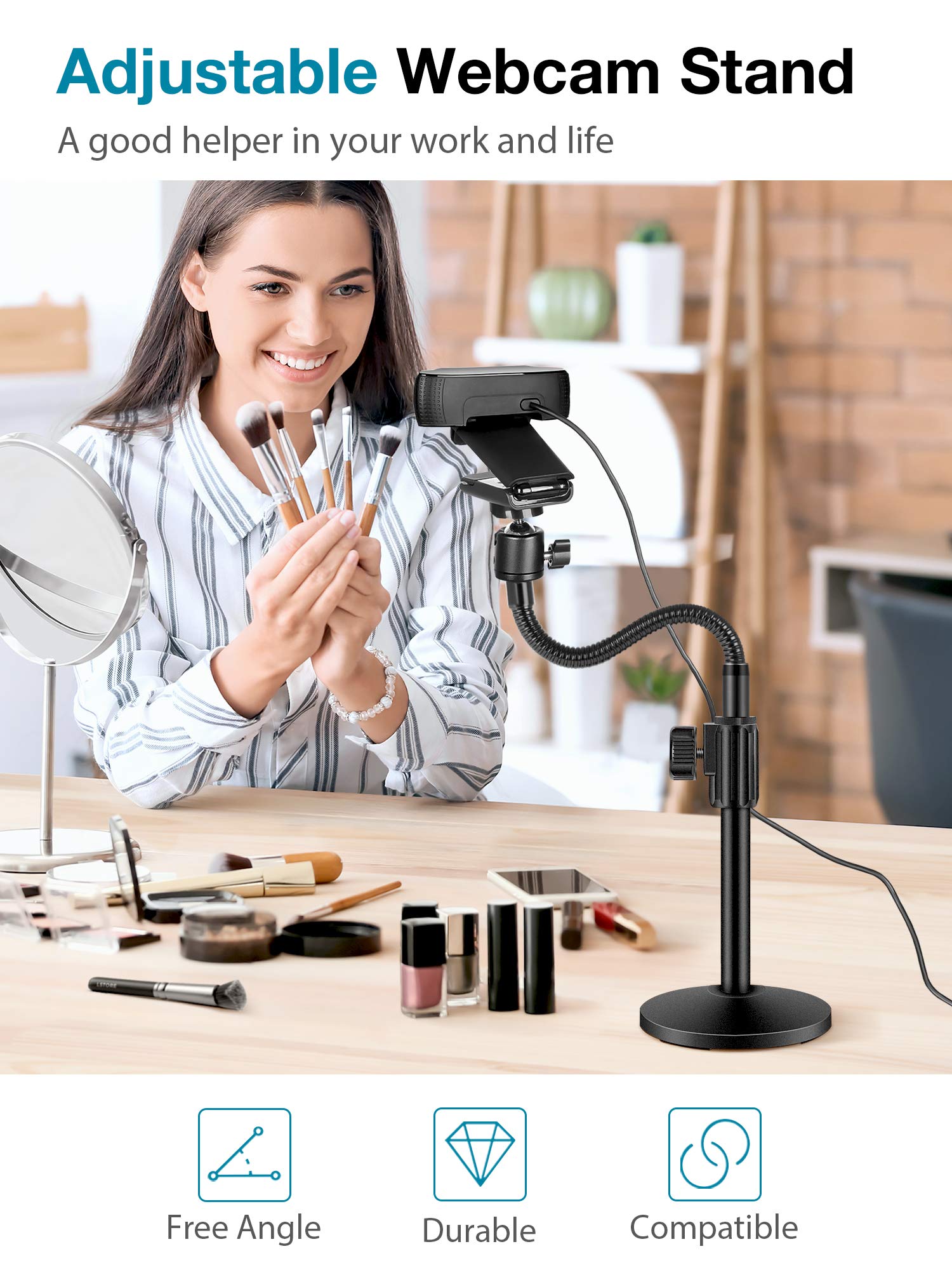 InnoGear Webcam Stand for Desk, Camera Stand Mount Gooseneck Arm for Logitech Webcam C922 C930e C920S C920 C615 C960 C920x BRIO 4K NexiGo N60, Phone Mount, Right Light, GoPro with 1/4