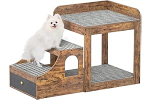 Cyclysio Pet Window Perch with Stairs, Super Large Pet Bunk Bed for Cats, Multi-Level Pet Seat Platform with Mats, Pet Bed Couch with Drawers for Bedside, Home, Indoor Use, Large Size, Rustic
