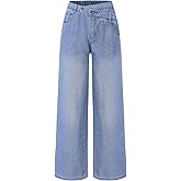 EXARUS Girls Jeans Crossover/Frayed Baggy Pants Wide Leg Denim Teen Elastic Waist Straight Mid Waisted for Kids 8-14Y