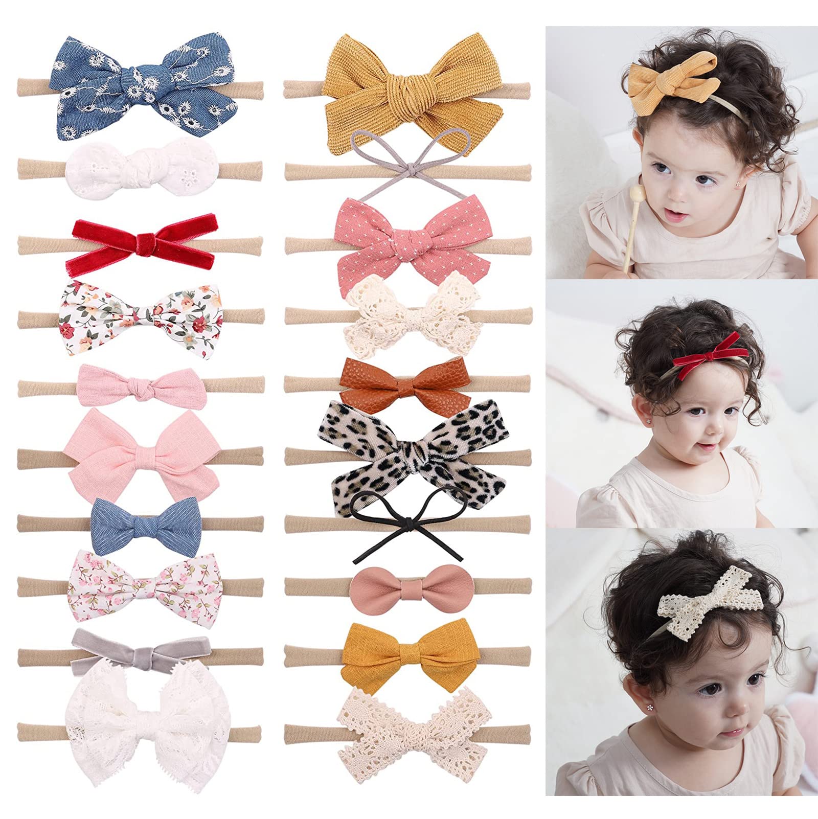 20PCS Baby Girls Headbands Hair Bows Nylon Hairbands Flowers Patterns Handmade Hair Accessories for Newborn Infant Toddlers Little Girl and Kids