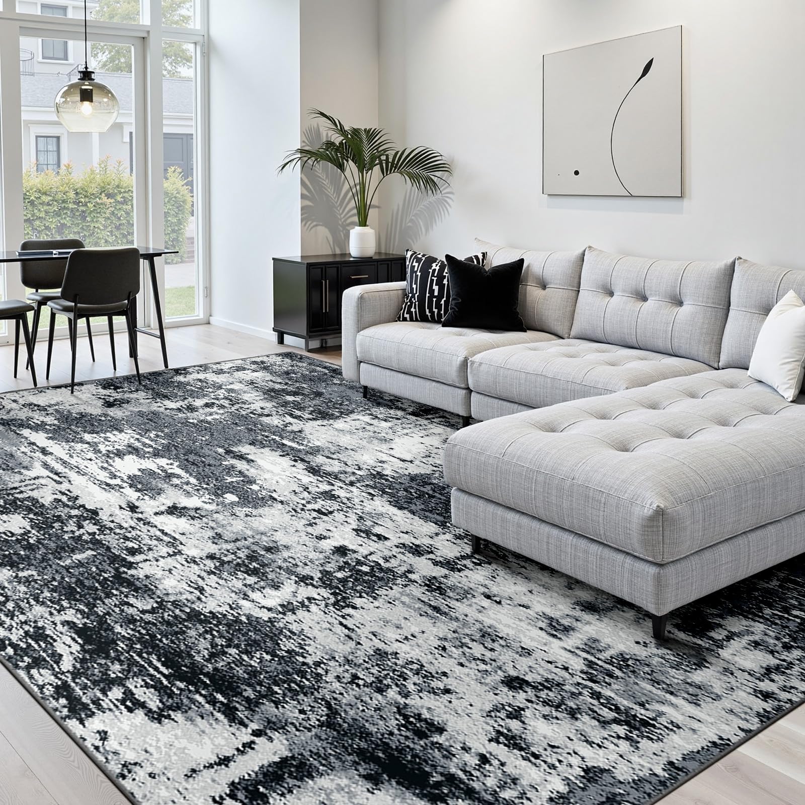 RELEANY Washable Area Rugs 8'x10' Non-Slip Modern Abstract Soft for Living Room Entryway Bedroom Nursery, Print Pattern, Black Navy Blue Gray Image